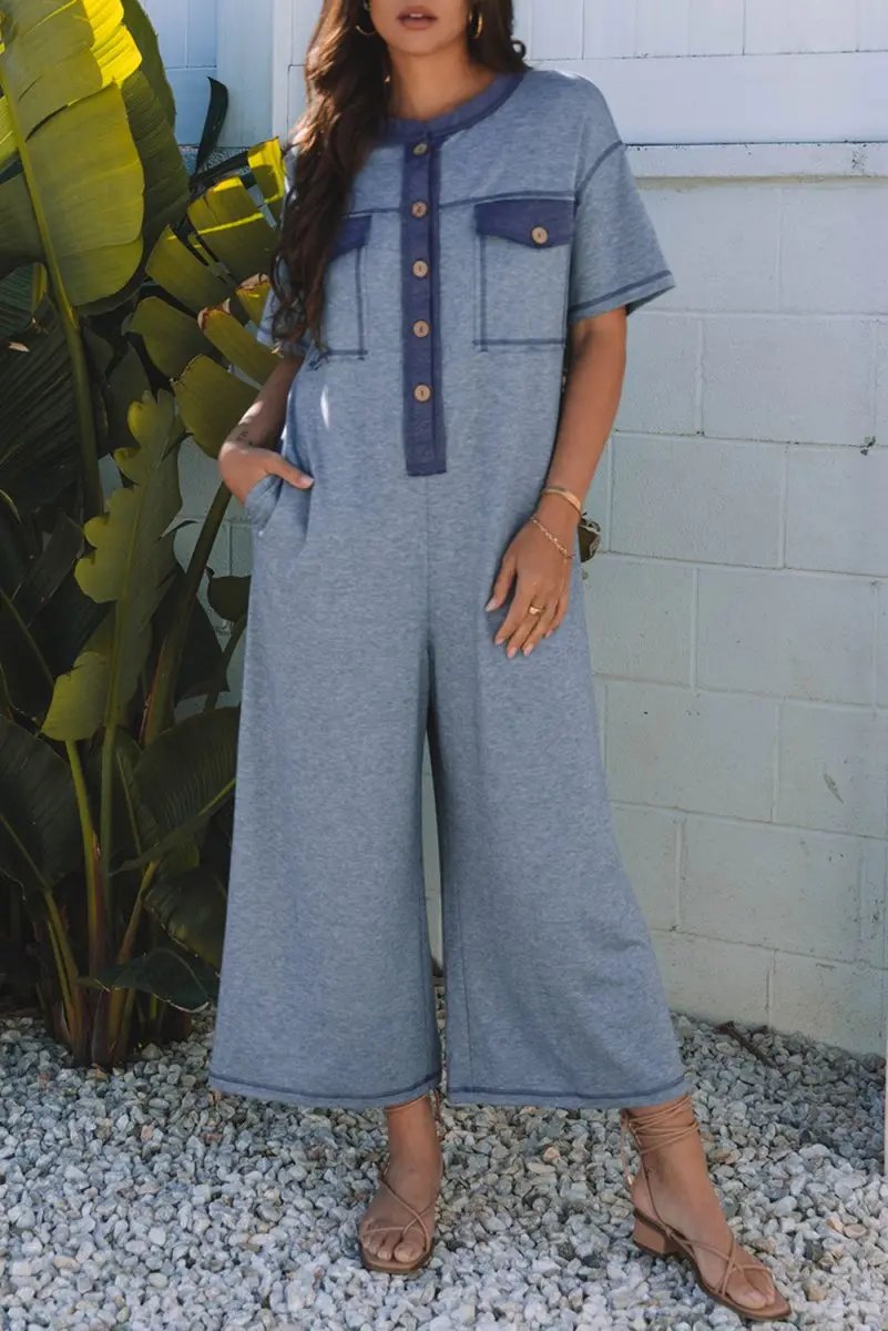Beau Blue Half Placket Chest Pockets Short Sleeve Jumpsuit - Love Salve